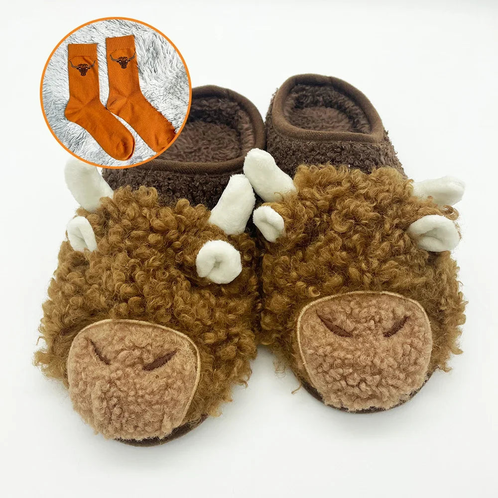 TreasuringU Highland Cow Plush Slippers with Stocks Animals Cow Slippers Kawaii Adult Kids Home Slippers Cattle Christmas  Shoes