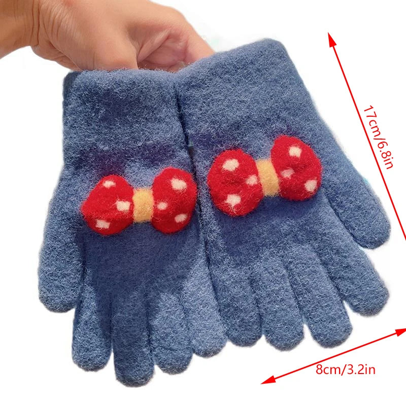 1Pair Winter Knitting Bowknot Plush Soft Five Finger Gloves Children Outdoor Warm Gloves Kids Colors Gloves