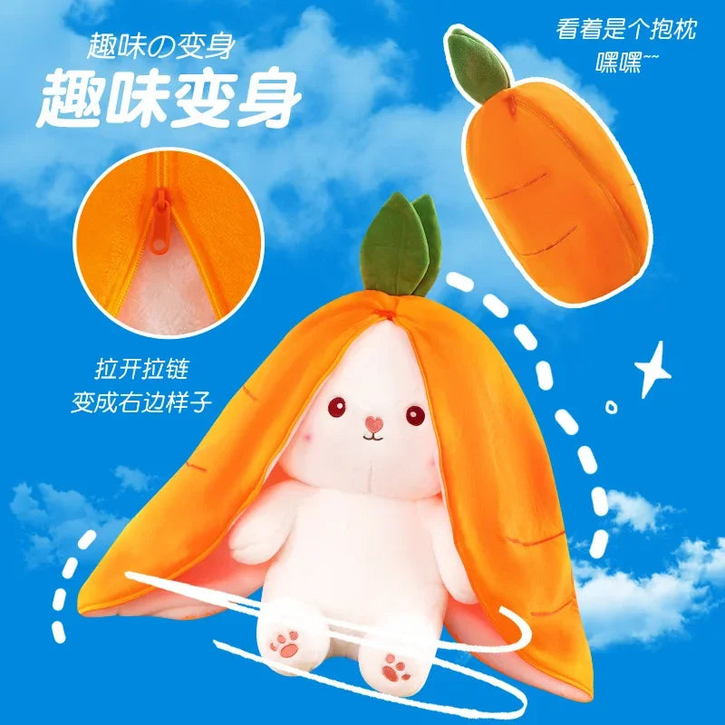 25CM Cute Transform Strawberry Rabbit Doll Plush Toy Carrot Rabbit Small Fruit Doll Bunny Birthday Gift for Girls Kids Boys