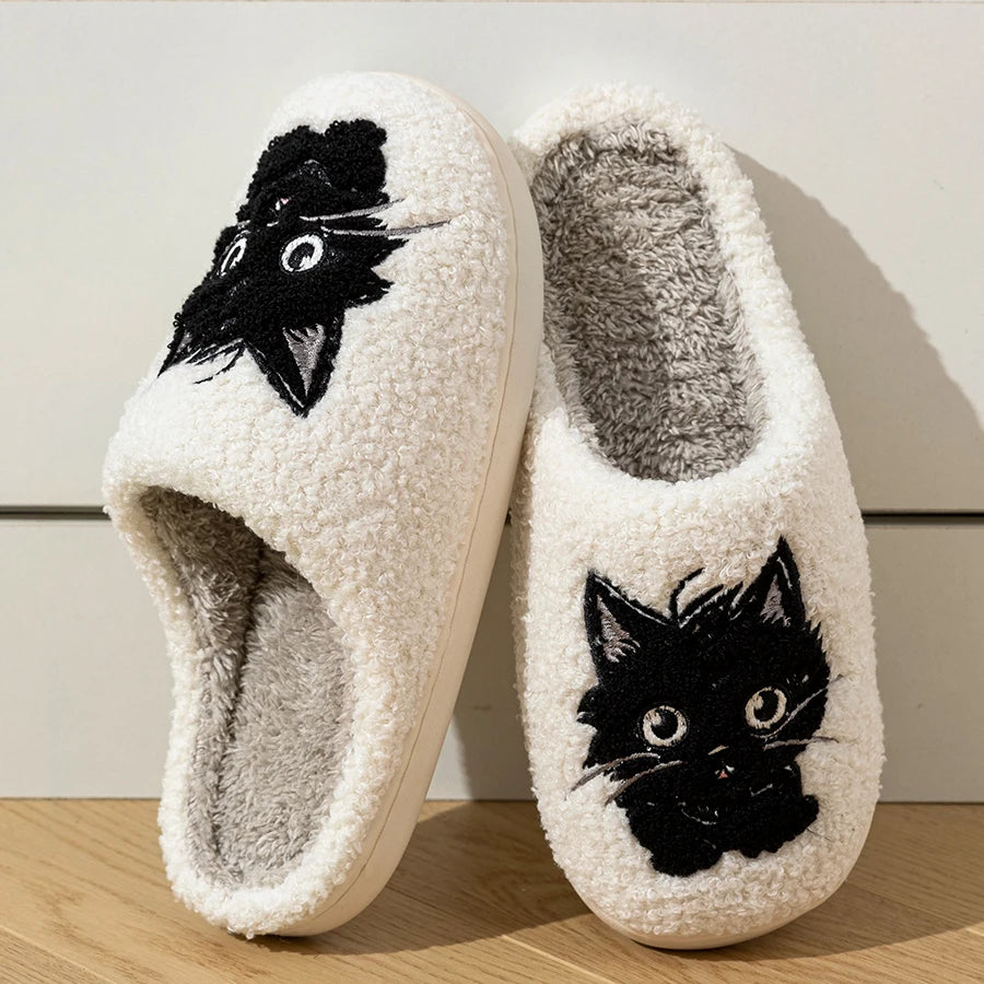 Winter Women's Slippers Indoor Cartoon Black Cat Cute Girls Slipper Bedroom Anti-slip Soft Sole Comfortable Cotton Homeshoes