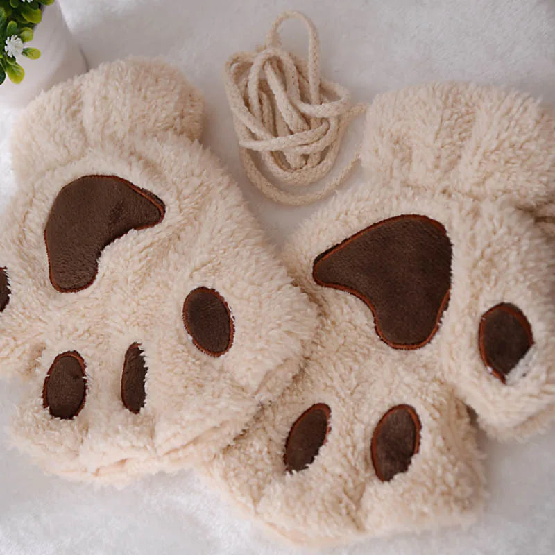 Cartoon Cute Cat Claw Paw Gloves Women Plush Mittens Warm Soft Plush Short Fingerless Fluffy Bear Cat Gloves Costume Half Finger