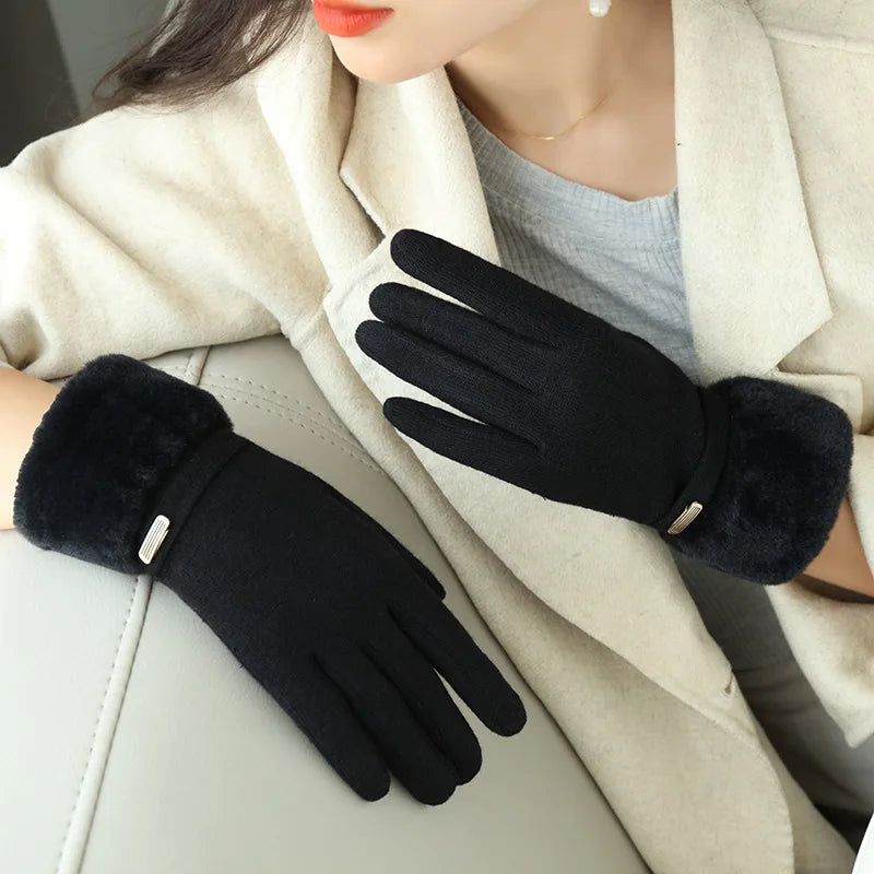 Winter Women Keep Warm Plus Velvet Touch Screen Thicken Plush Wrist Suede Gloves Fashion Personality Elegant Drive Cycling