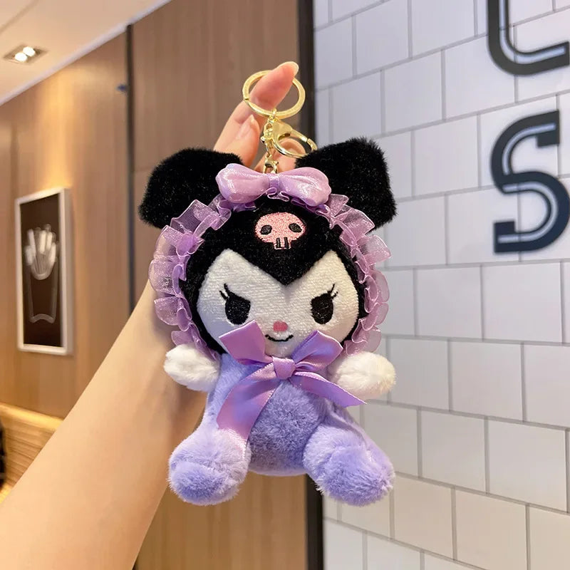 13CM Sanrio Plush Dolls Keychain Cinnamoroll Kuromi Melody Lace Headband Series Cute Pendant Backpack Deco Girl Kids Toys Gift