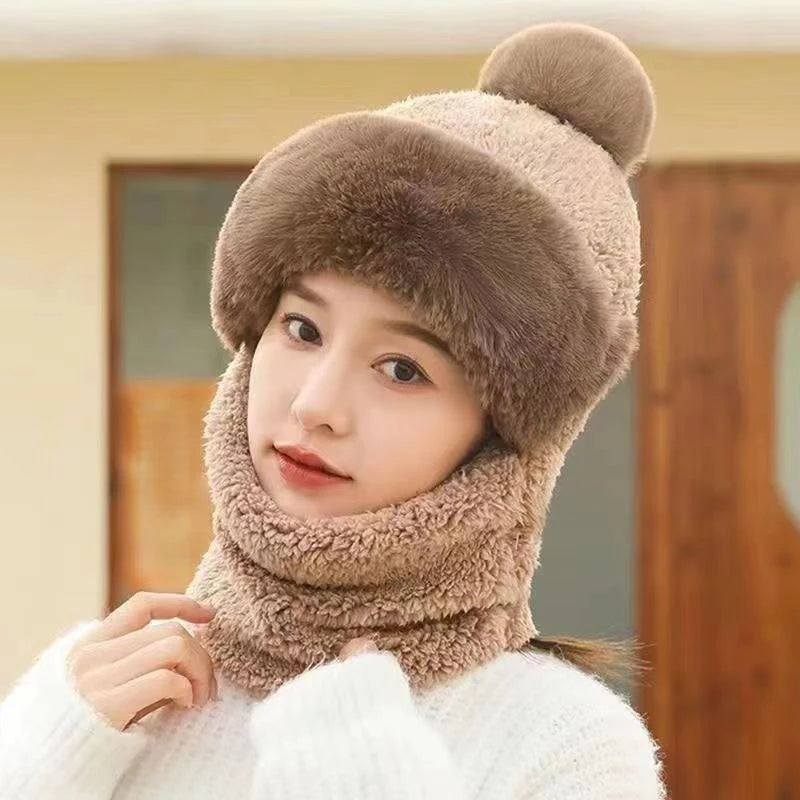 Fashion Plush Hat Scarf Mask Set Winter Warm Hat Neck Warmer Outdoor Cycling Windproof Warmer Scarf Hat Ear Protection