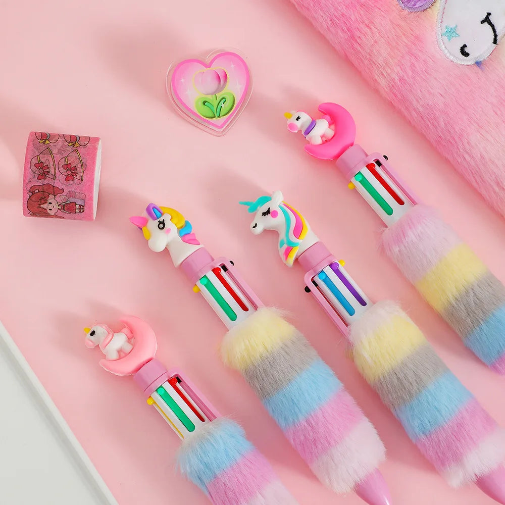 2PCS 6 Colors Children's Unicorn Plush Ball-point Pen Student Rainbow Gel Pen Fantastic Cartoon Girl Handwriting Pens