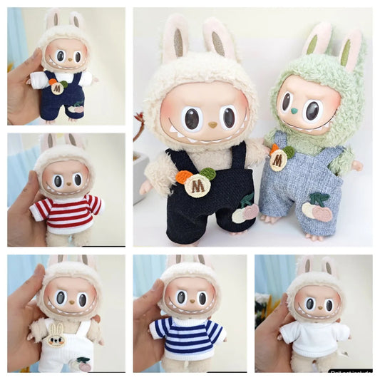 17cm Mini Plush Doll'S Clothes Outfit Accessories For Korea Kpop Exo Labubu Idol Dolls Corduroy overalls T-shirt Clothing Gift