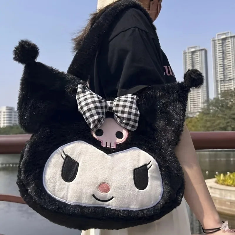 Girls Large capacity Cartoon Anime Cozy Fluffy Tote Bag, Kuromi Plush Tote & Shoulder Bag, Cinnamoroll Melody Faux Fur Handbag