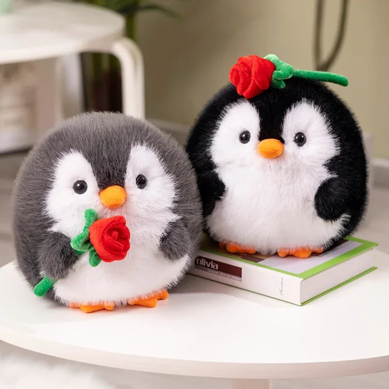 Fluffy Round Penguin Plush Toys Stuffed Baby Doll Animal Couple Penguin Holding Rose Hug Sleep Pillow Creative Birthday Gifts