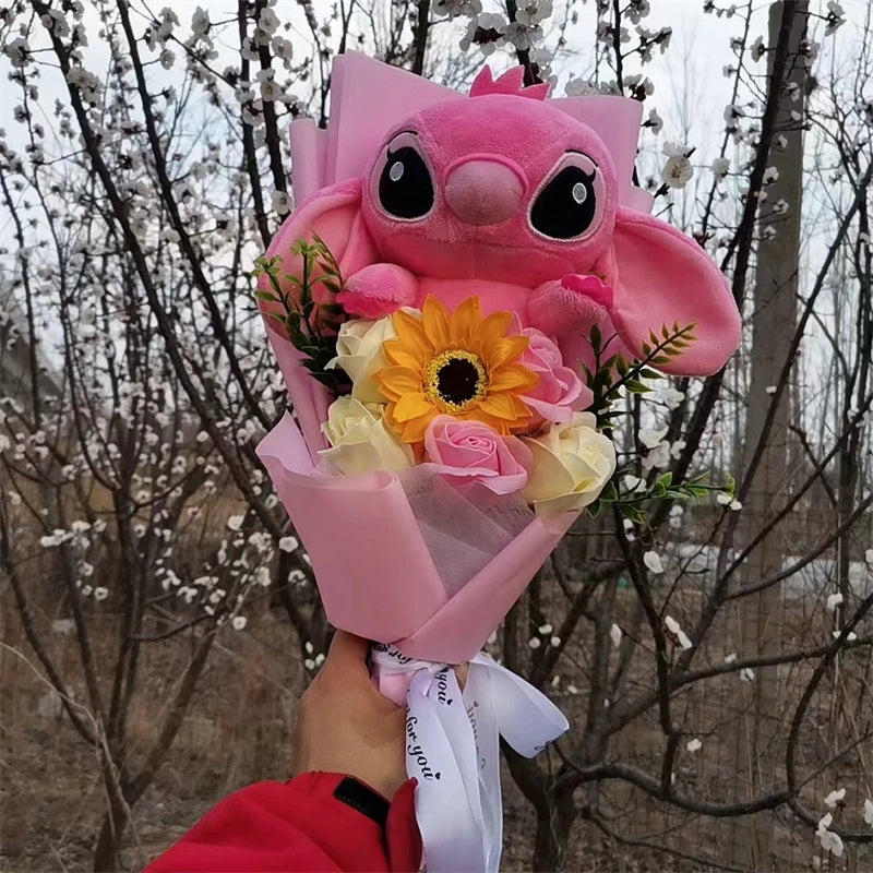 Anime Lilo & Stitch Plush Bouquet With Sunflower Soap Rose Flower Bouquet Cartoon Stuffed Valentine's Day Christmas Birthday Gif