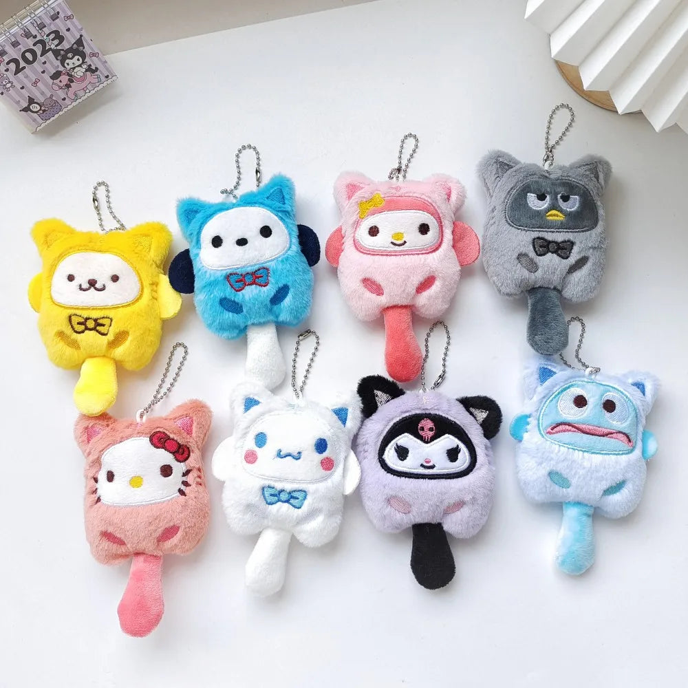 Sanrio Kuromi Cinnamoroll Cross-dressing Cat Doll Keychain My Melody Anime Cartoon Backpack Cute Pendant Children Plush Toys