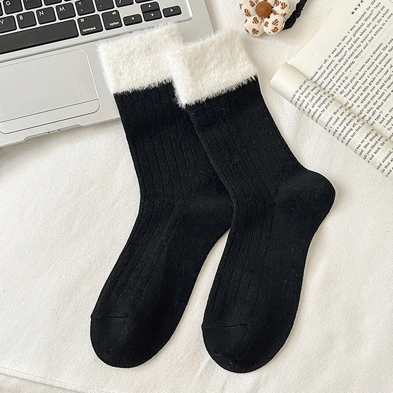 1Pair Fashion Plush Socks Women Autumn Winter Fluffy Splice Lanital Mink Velvet Thick Warm Mid-tube Stockings Cotton Socks