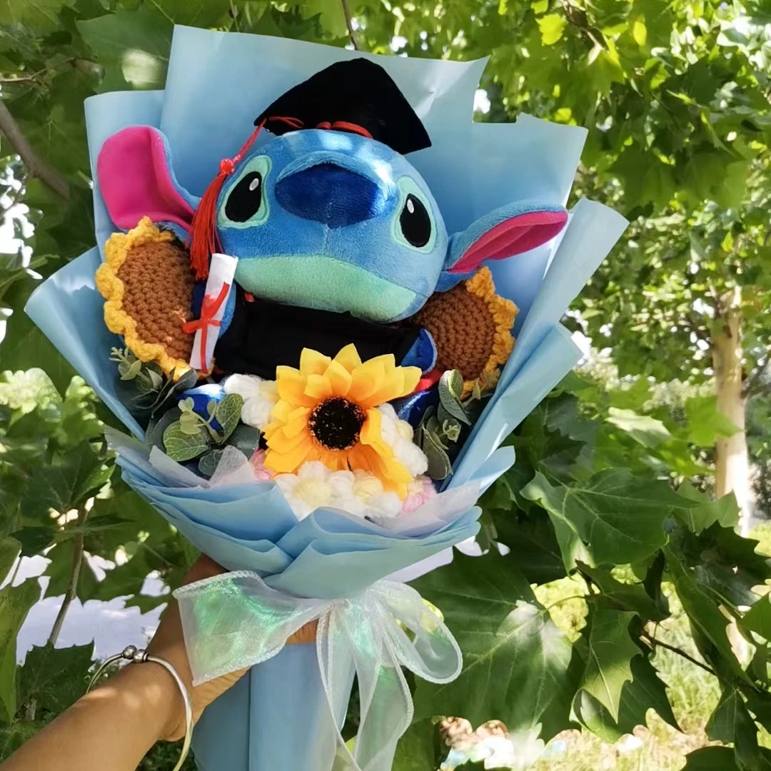 Anime Hot Lilo & Stitch With Handmade Knitting Sunflower Plush Bouquet Toys  Student Graduation Souvenir Birthday Gift