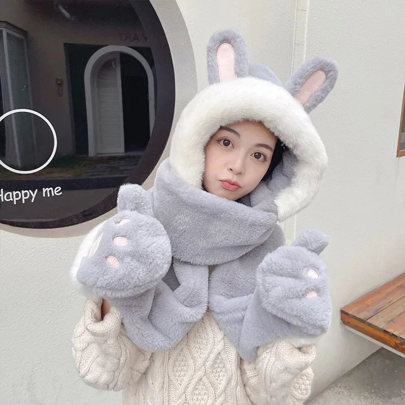 Winter Women Novelty Beanies Caps Warm Bear Ear Hat Casual Plush Hat Scarf Set Casual Solid Color Women Caps Present