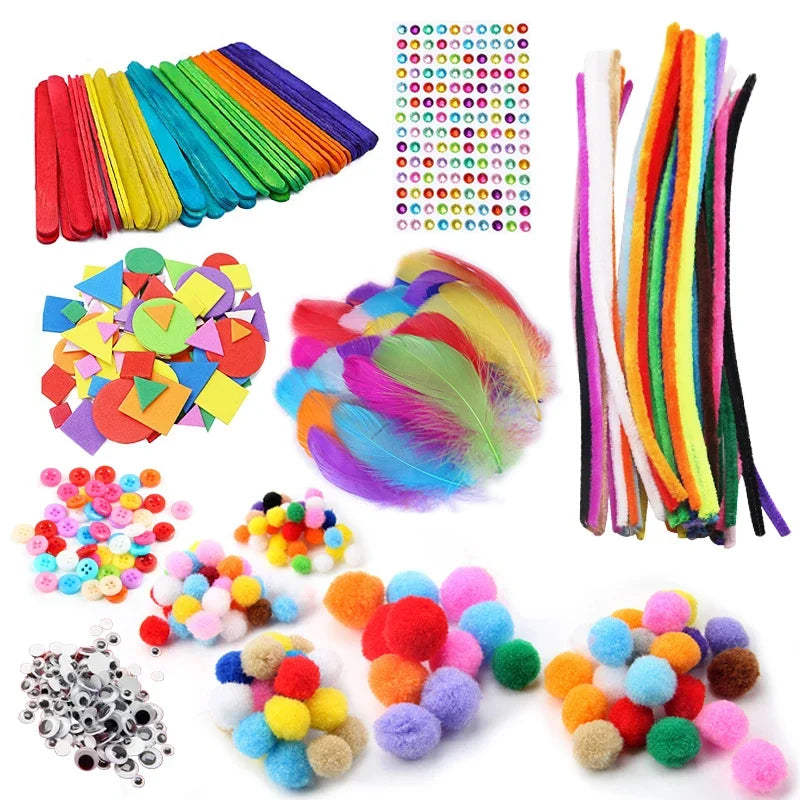 Kids Creative Plush Stick Pompoms Rainbow Colors Feather Eyes Sticker Educational DIY Toys Handmade Art Craft Devoloping Toys