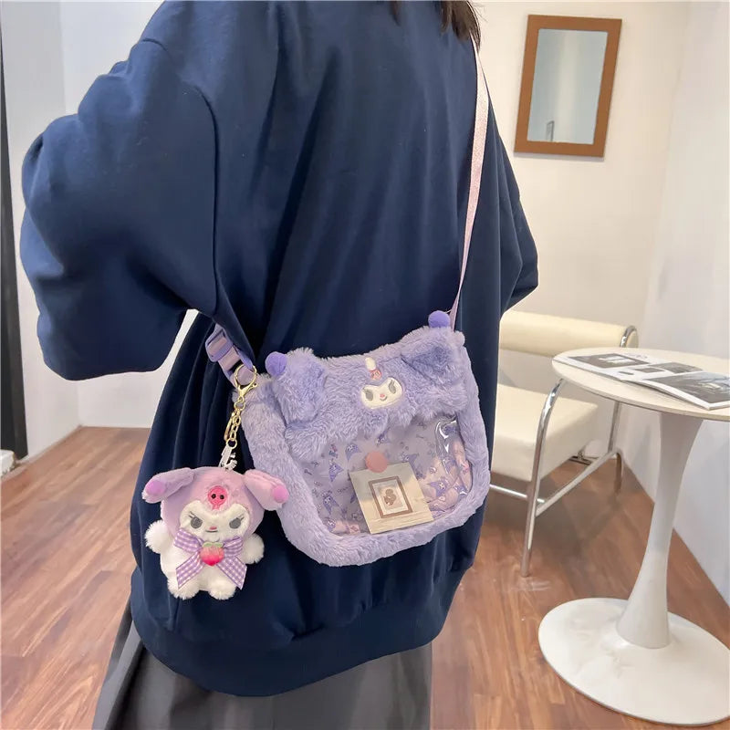 Kawaii Sanrio Plush Bags Cinnamoroll Melody Kuromi Hello Kitty Transparent Plushie Crossbody Bag Cartoon Anime Doll Pendant Gift