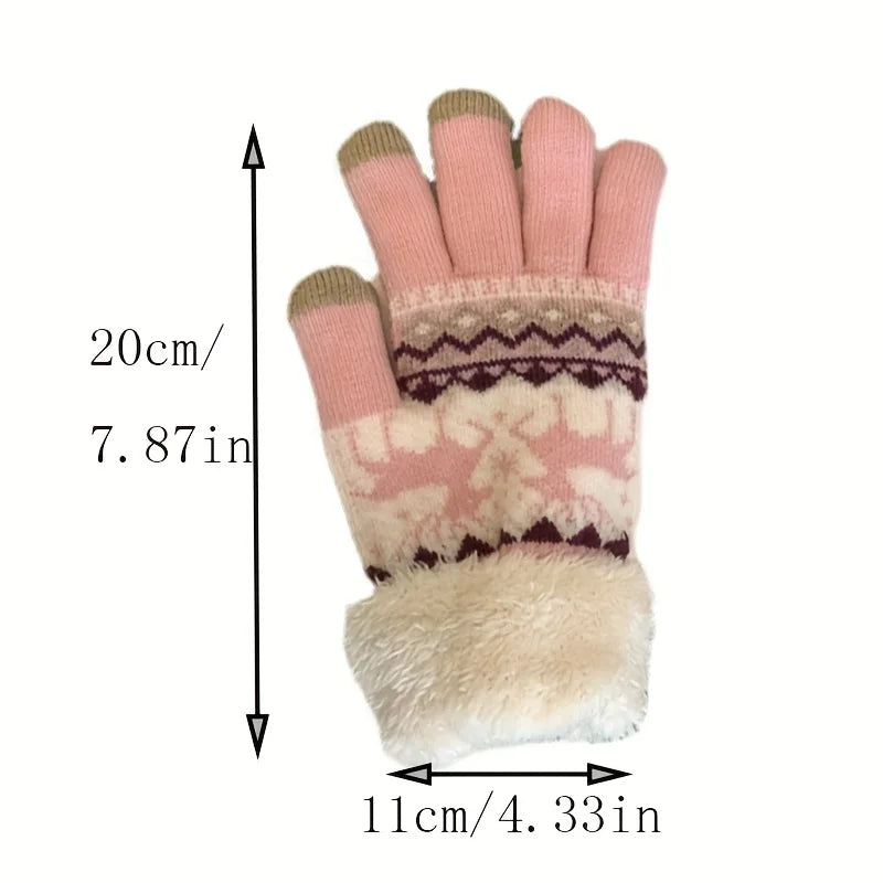 Christmas Reindeer Jacquard Knit Gloves Plush Cuff Thick Warm Gloves Autumn Winter Soft Coldproof Touchscreen Gloves