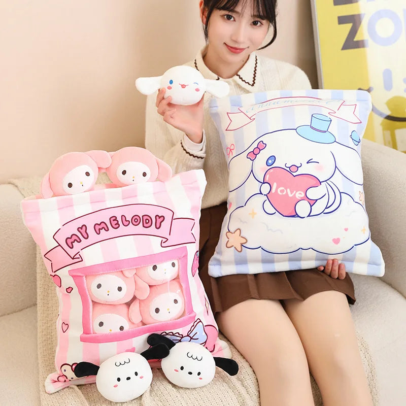 A Bag of Kuromi My Melody Plush Toy Pochacco Cinnamoroll 6pcs Doll in Bag Plushies Stuffed Anime Doll Creative Pillow Home Decor