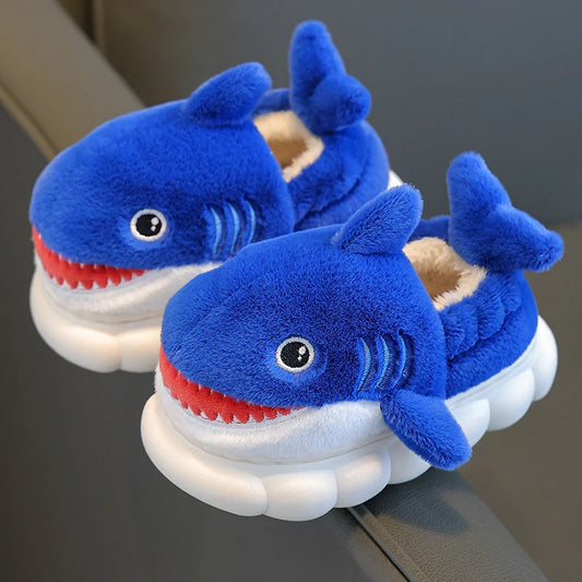 New Winter Wrap Heels Cute Cartoon Shark Cotton Slippers Children's Non-slip Soft For Kids Girls Boys Baby Warm Plush Home Shoes