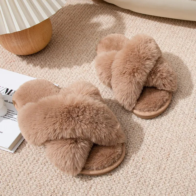 Feslishoet Women Fuzzy Slippers Cross Band Soft Plush Cozy House Shoes Furry Open Toe Indoor Outdoor Slip Warm Anti Skid Sole