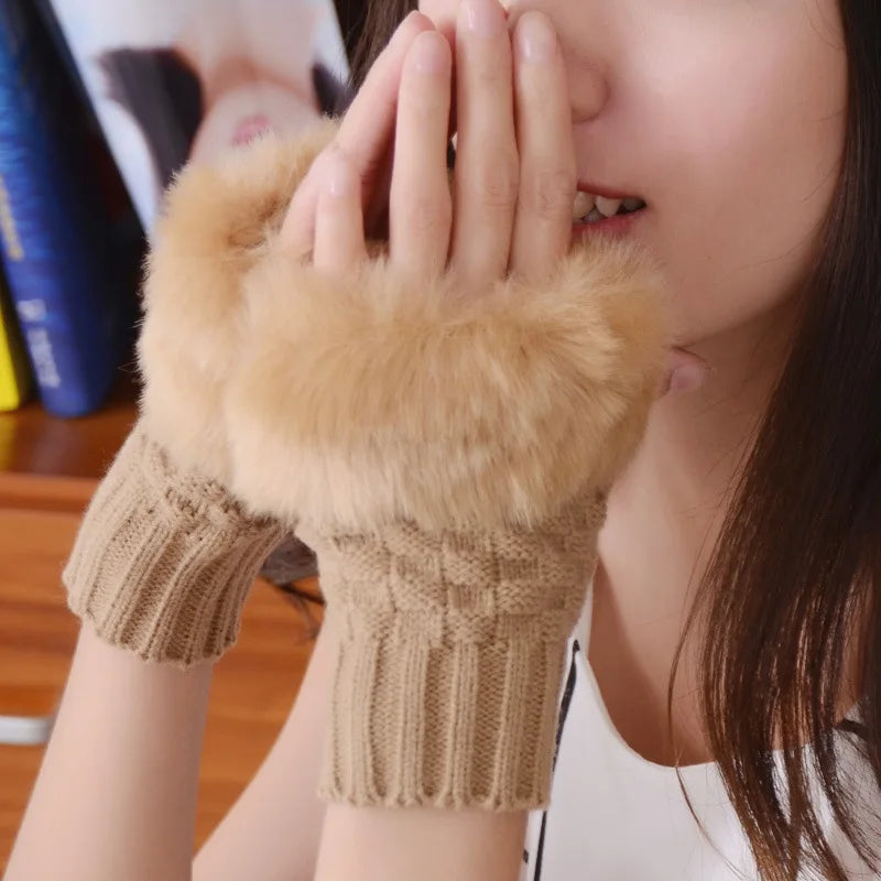 Women Autumn Winter Keep Warm Plush Knitted Woolen Splicing Half Finger Gloves Cute Lovely Sweety Smooth Soft Writing Drive