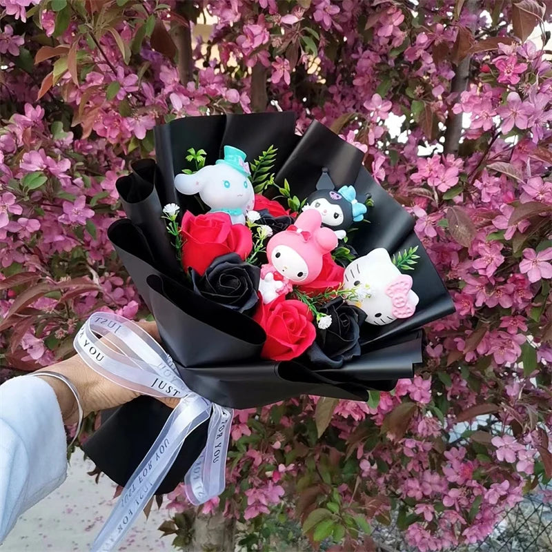 Anime Kuromi My Melody Cinnamoroll Hello Kitty Soap Flower Cartoon Plush Bouquet Valentine's Day Christmas Graduation Gift