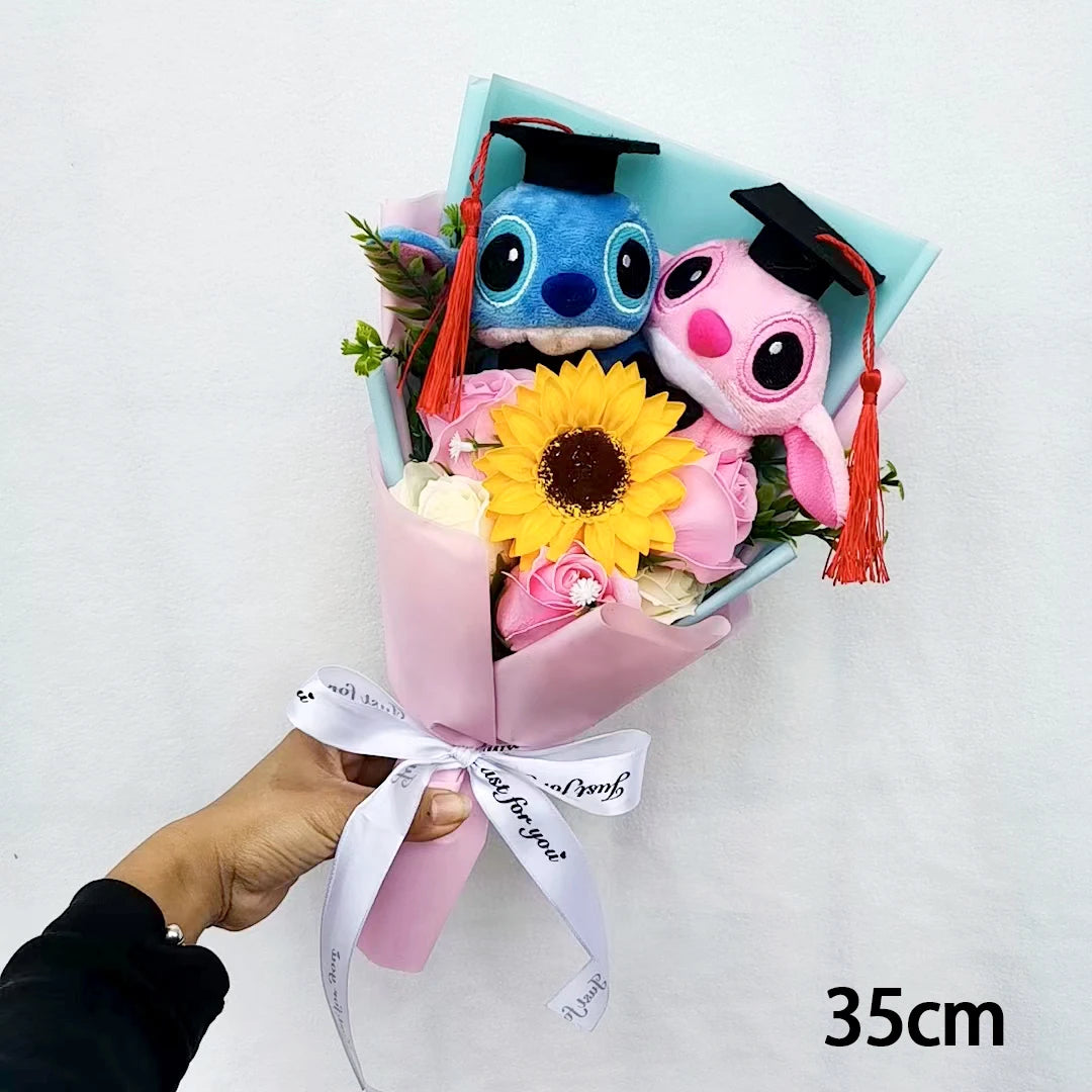 Hot Lilo & Stitch Plush Doll Toys With Soap Rose Flower Bouquet Anime Stuffed Animals Home Decoration Valentine Graduation Gift