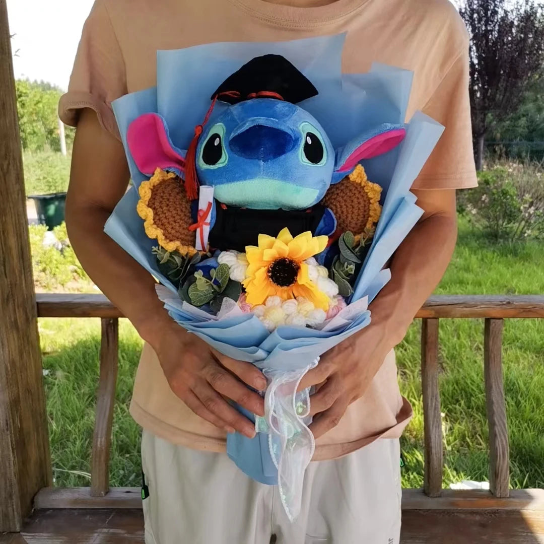 Anime Hot Lilo & Stitch With Handmade Knitting Sunflower Plush Bouquet Toys  Student Graduation Souvenir Birthday Gift