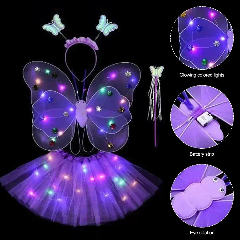 3/4Pcs/Set Double Layers Girls Led Flashing Light Fairy Butterfly Wing Wand Headband Costume Toy Gift Halloween Decoration