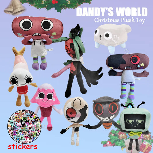 TreasuringU 5PCS Dandy's World Plush Toys with Stickers Dandy World Scrap Stuffed Doll Horror Game Goob Pebble Plushie Christmas