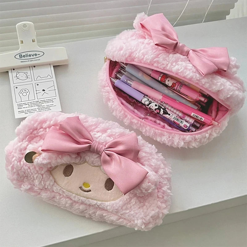 Sanrio Melody Cinnamoroll Fashionable Latest Pink Plush High Aesthetic Girl's Heart-shaped Pencil Case With Large Capacity