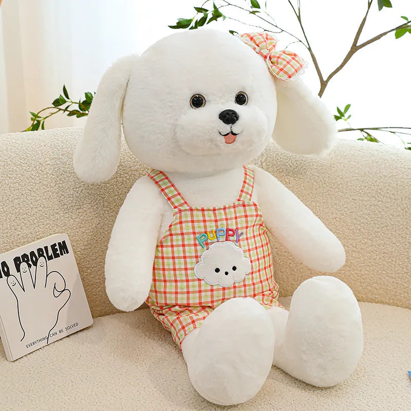 35/50/65cm Lovely Soft Stuffed Sitting White Dog Wearing Plaid Overalls Plush Animals Dog Doll Room Decor For Kids Birthday Gift