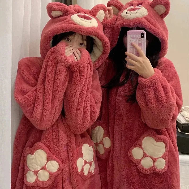 New Disney Cartoon Stitch Nightgown Suit Couple Design Luxury Plush Robes Hooded Pants Women Men Coral Fleece Pajamas Birthday