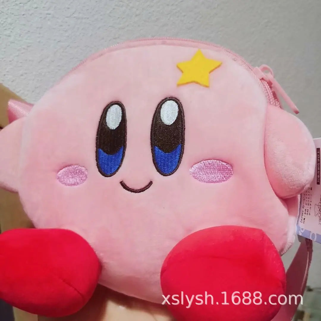 Kawaii Kirby Plush Toy Hand Bag Cartoon Star Kirby Messenger Bag Double Pull Crossbody Bag Plush Toy for Girls Birthday Gifts