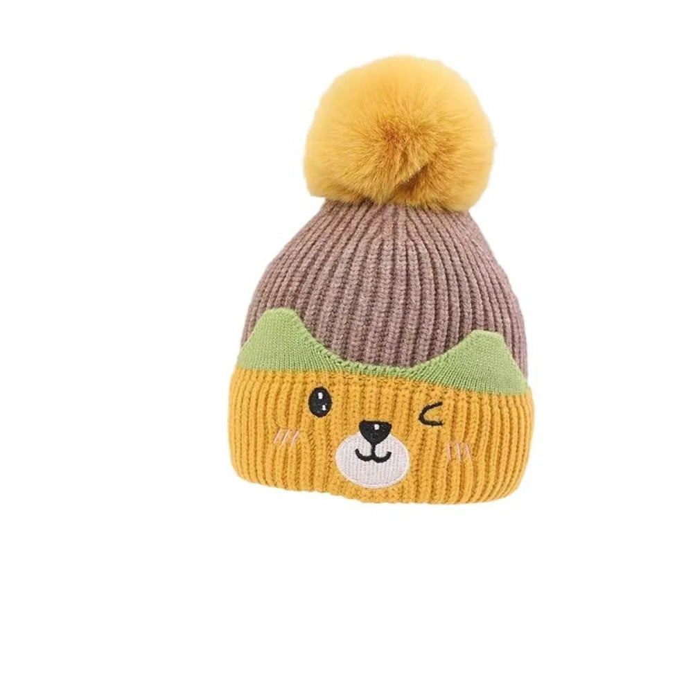 Soft Fluffy Baby Pompom Pullover Hat Cartoon Type Warm Baby Knitted Cap Plush Fluffy Windproof Winter Baby Earmuffs