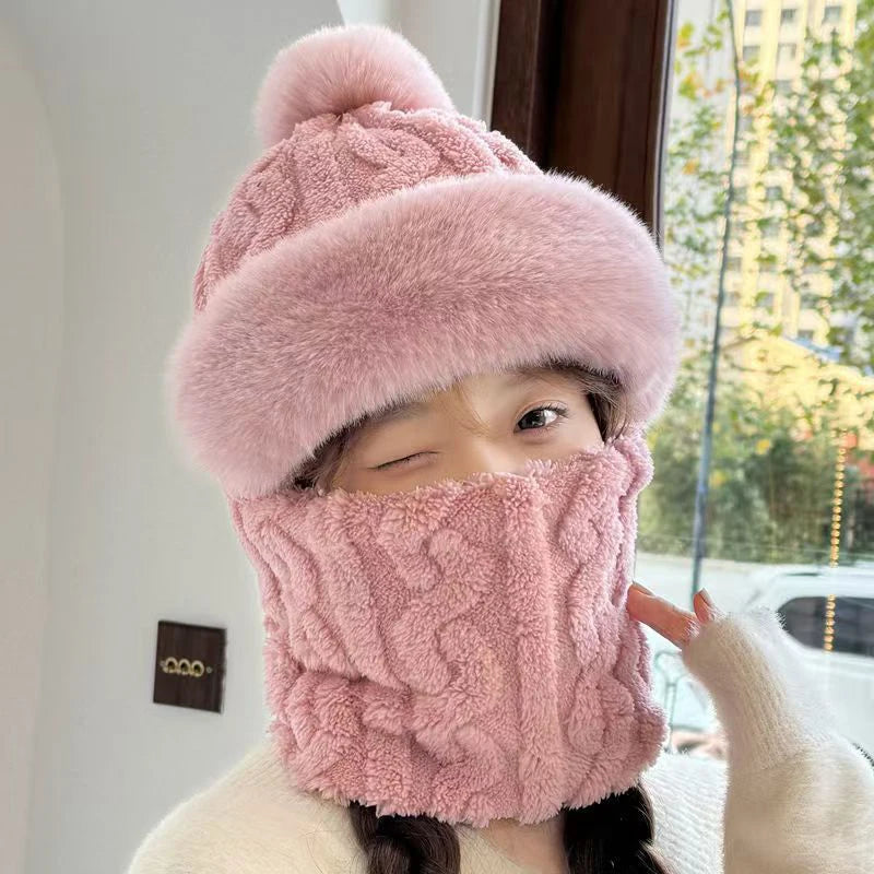 1PC Winter Knitted Hat Scarf Mask Plush Pompom Beanies For Women Plush Lining Warm Bonnet Ears Neck Protection Skiing Cap