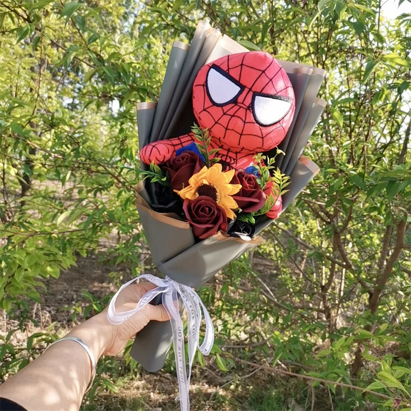 Animation Super Hero Spider Plush Doll With Rose Flower Bouquets Soft Stuffed Kids Graduation Christmas Day Birthday Gifts