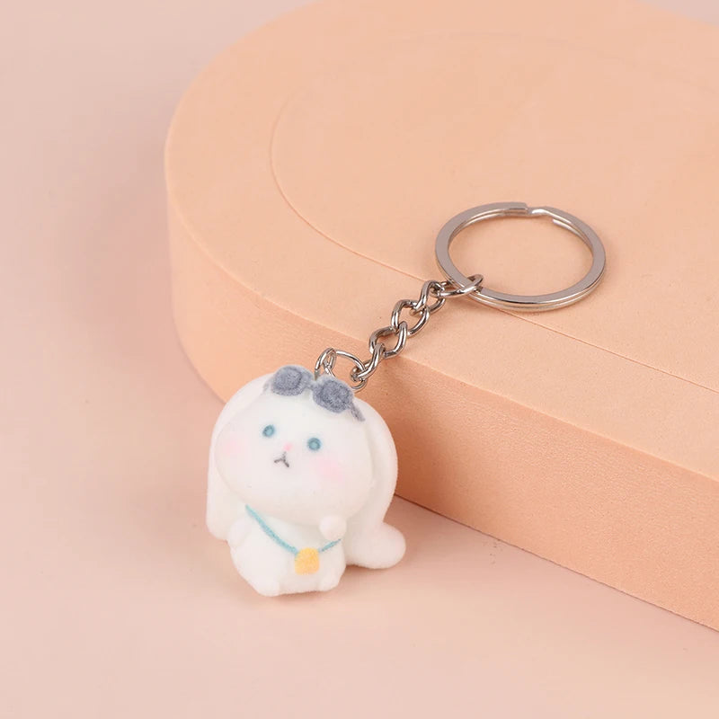 3D Flocking Panda Keychain Cartoon Plush Animal Keyring Bag Pendant Car Key Holder Earphone Charm DIY Jewelry Ornament Accessor