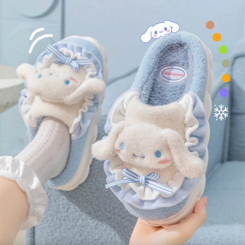 Sanrio Kawaii Cinnamoroll Womens Slippers Kuromi Hello Kitty Plush Cartoon Cute Sweet Suitable Indoor Outdoor Winter Shoes