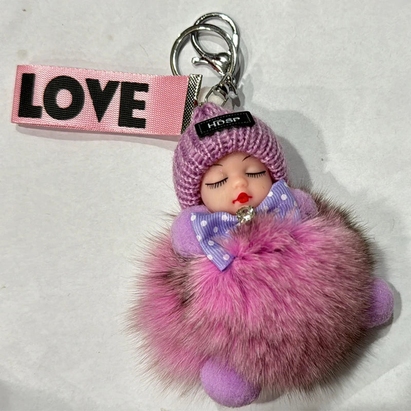 Cute Sleeping Baby Keychain Charm Cute Fluffy Plush Doll Car Keychain Fashion Women's Bag Charm Backpack Decoration Gift