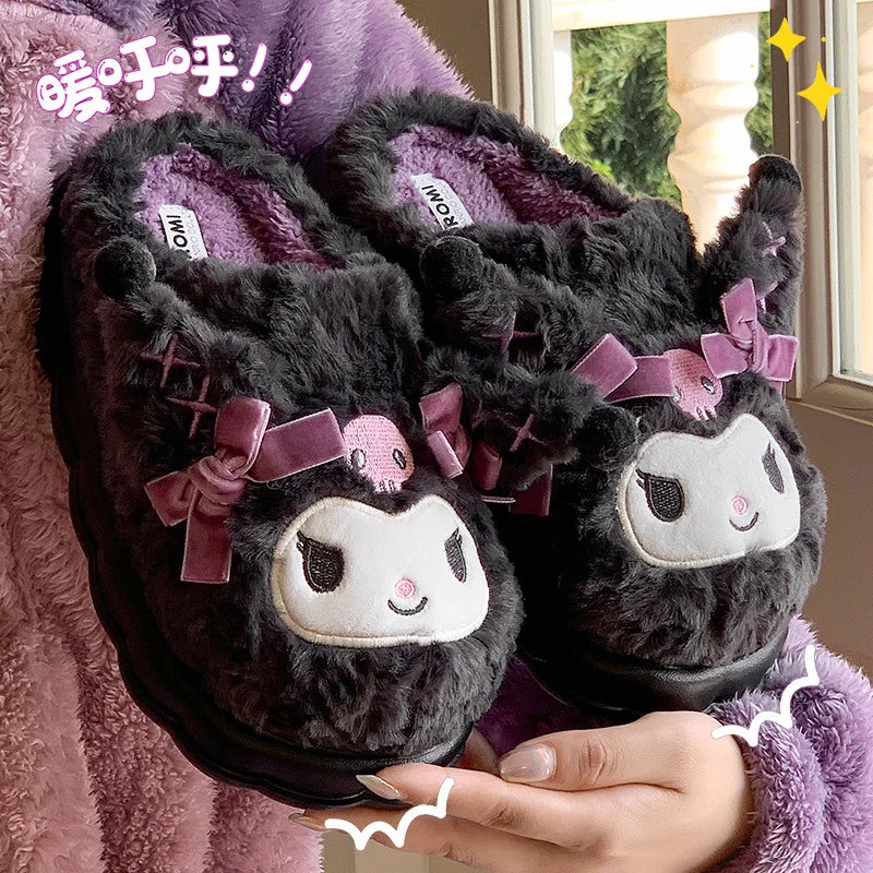 Sanrio Plush Slippers Kuromi Cotton Slippers Sweet Suitable Winter Home Slippers Thick Sole Keep Warm Cotton Shoe Christmas Gift