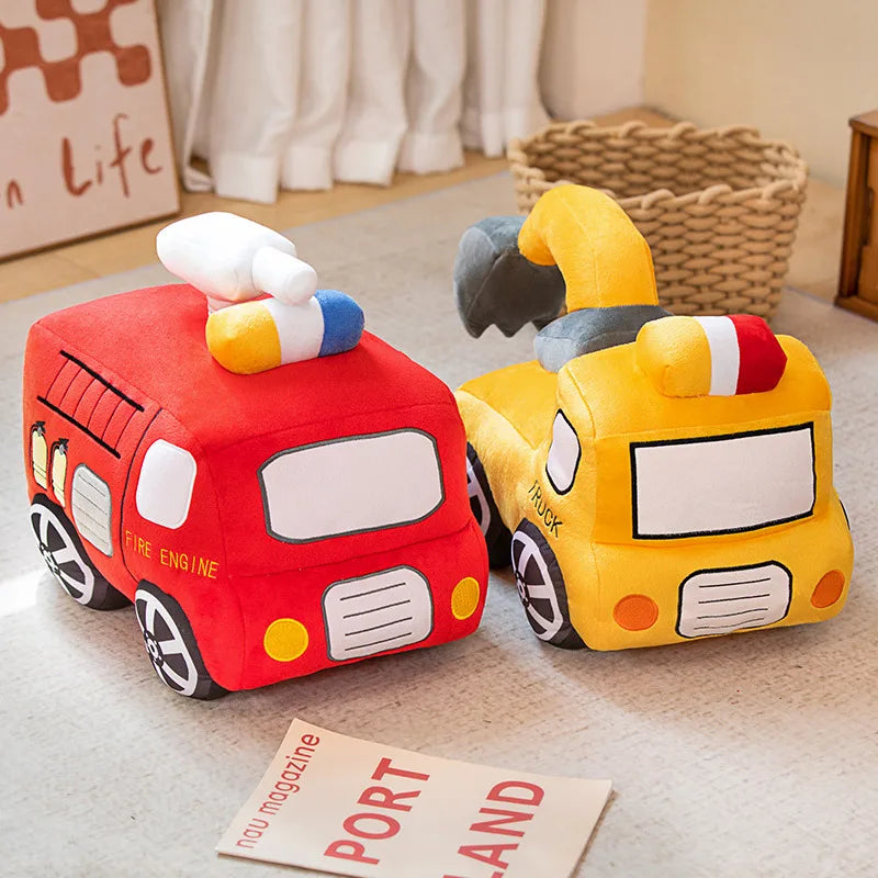 Emulational Cute Tractor Excavator Car Plush Toy Pillow Cartoon Fire Truck Soft Stuffed Dolls Boy Kids Gift Cute Room Decor