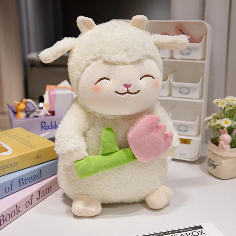 Sweet White Sheep Lam Hold Tulip Flower Soft Stuffed Hug Doll Plush Toy Kid Girl Birthday Christmas Gift