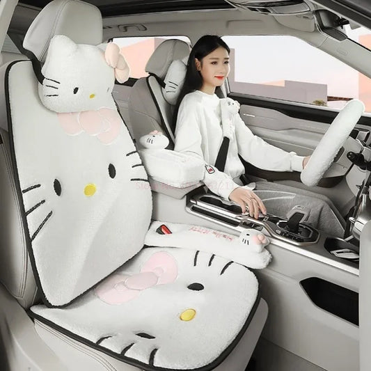 Hot Kawaii Sanrio Car Steering Wheel Protective Hello Kitty Cover Cartoon Headrest Waist Shoulder Car Accessories Sets