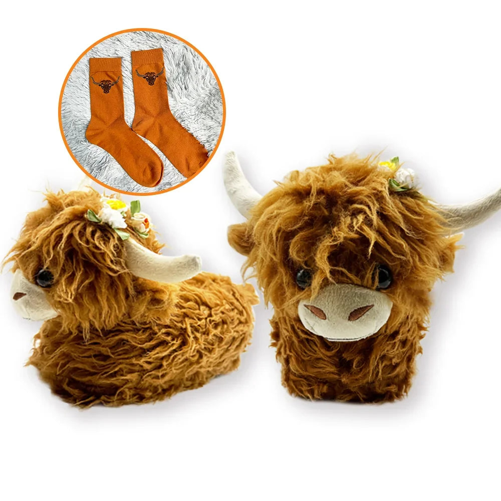 TreasuringU Highland Cow Plush Slippers with Stocks Animals Cow Slippers Kawaii Adult Kids Home Slippers Cattle Christmas  Shoes