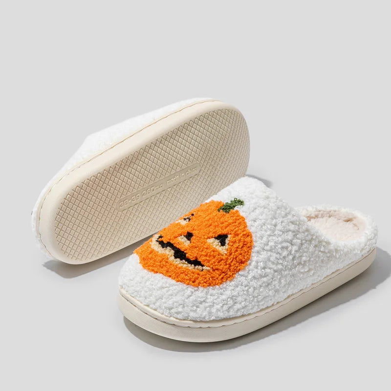 Women's Pumpkin Halloween Slippers for Indoor Use in Autumn Winter Comfortable Warm Fluffy Slippers for Couple in Cold Winte