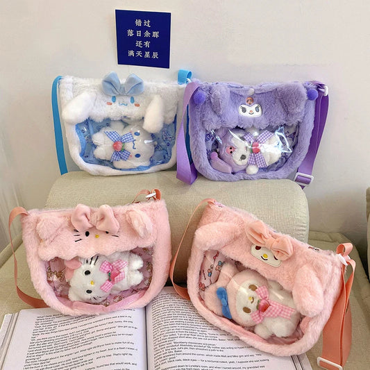 Kawaii Sanrio Plush Bags Cinnamoroll Melody Kuromi Hello Kitty Transparent Plushie Crossbody Bag Cartoon Anime Doll Pendant Gift