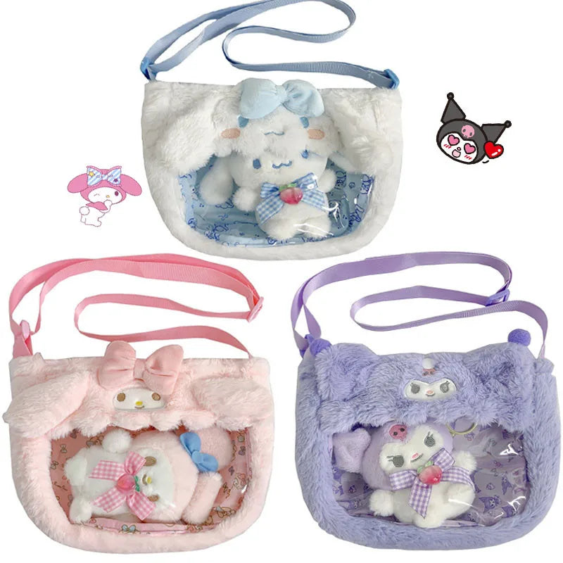 Kawaii Sanrio Plush Bags Cinnamoroll Melody Kuromi Crossbody Bag Cartoon Transparent Plushie Handbag Hello Kitty Stuffed Backpac