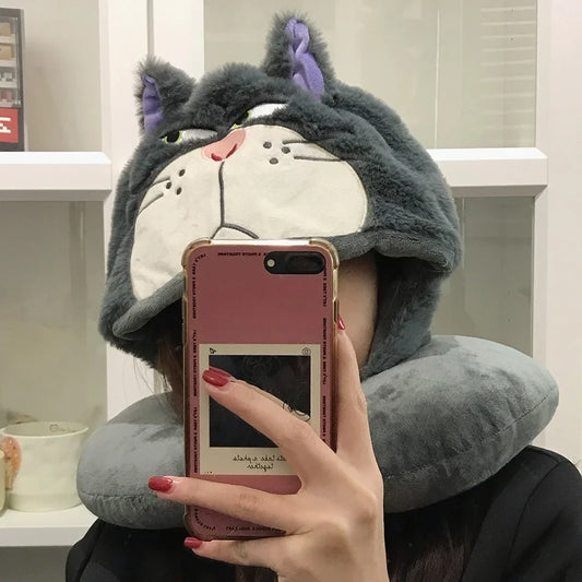 Disney Lucifer Cat U-shaped Neck Pillow With Hat Anime Grey Cat Travel Pillow Hooded Lucifer Cat Blackout Office Car Xmas Gifts