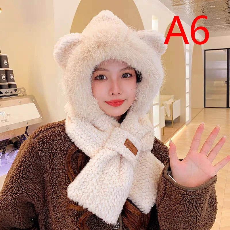 Winter Women Novelty Beanies Caps Warm Bear Ear Hat Casual Plush Hat Scarf Set Casual Solid Color Women Caps Present