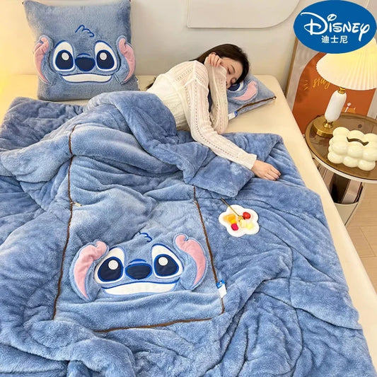 2024 New Disney Stitch Throw Pillow Blankets Two In One Kawaii Flannel Thickened Nap Blanket Living Room Kids Bedroom Decoration